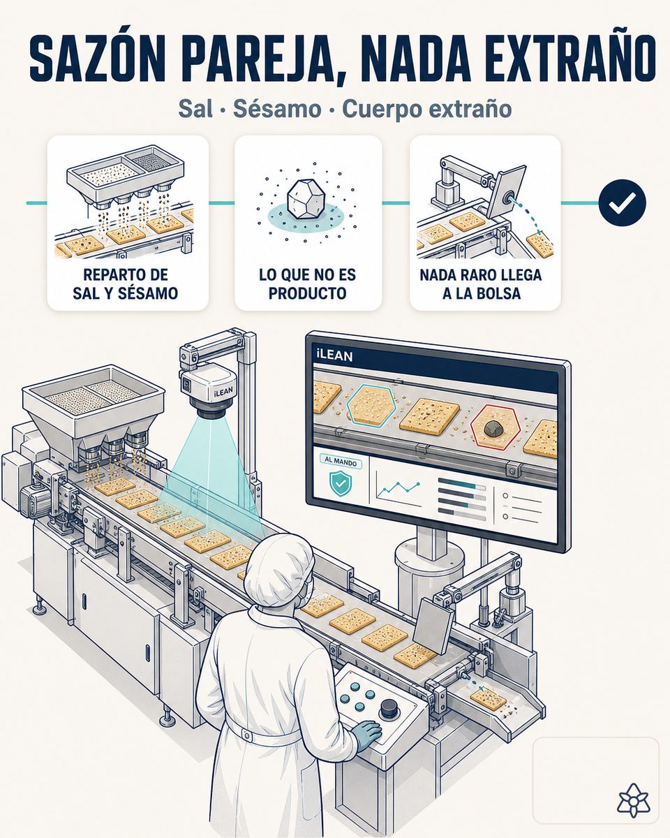 Línea de picos y regañás a la salida del horno con cámara Edge midiendo la sazón de sal y sésamo, y un detector de metal integrado antes del envasado