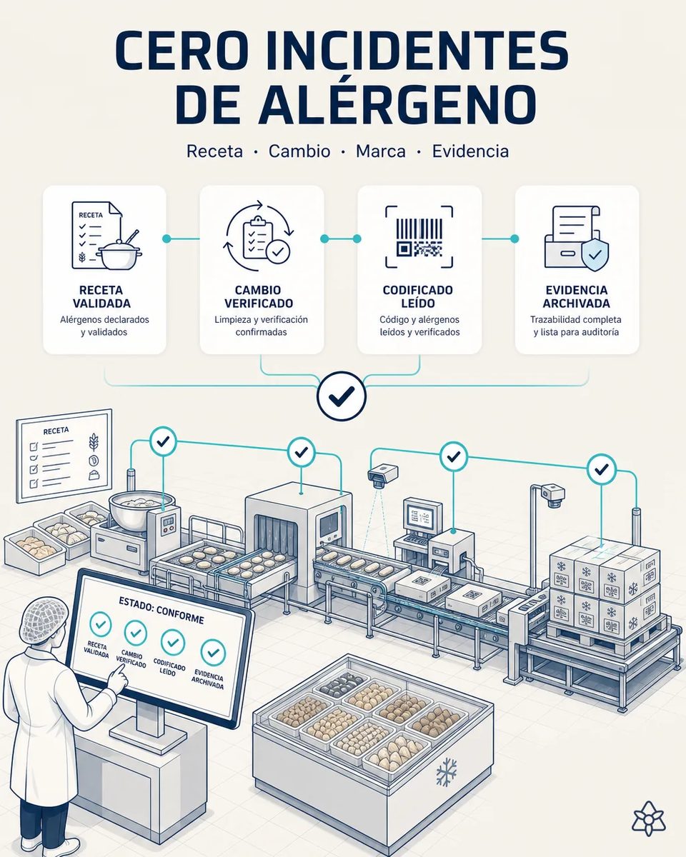 Línea completa de precocinados de la receta al palé con cuatro puntos de verificación conformes —receta, cambio, codificado y evidencia— y el responsable ante el panel de estado de la línea