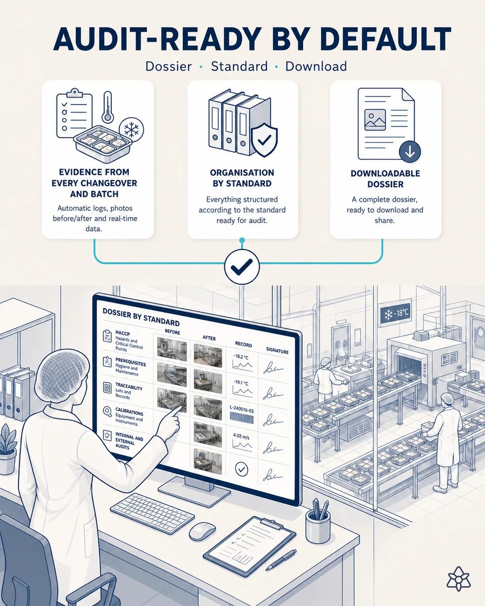 Quality manager at a screen showing a dossier organized by standard with before and after photos of critical points, temperature records, lot codes and signatures, with the production floor and the freezing tunnel visible through the glass