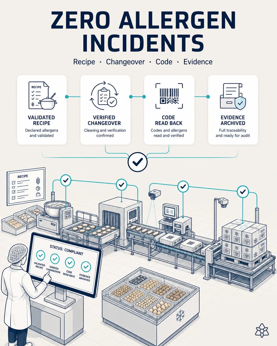 Precooked frozen food line with four verified checkpoints from the recipe board and the kettle through the freezing tunnel to the coder camera reading back codes on cases and the finished pallet, with a compliant status screen showing all four rings