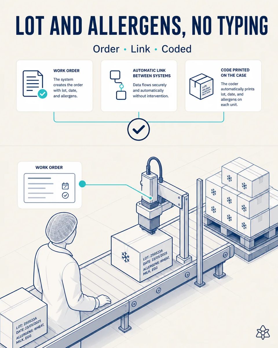 Inline coder printing lot, date and the allergens wheat, milk and egg on a frozen product case on the conveyor, linked to the work order on screen, with palletized cases behind and an operator watching the line