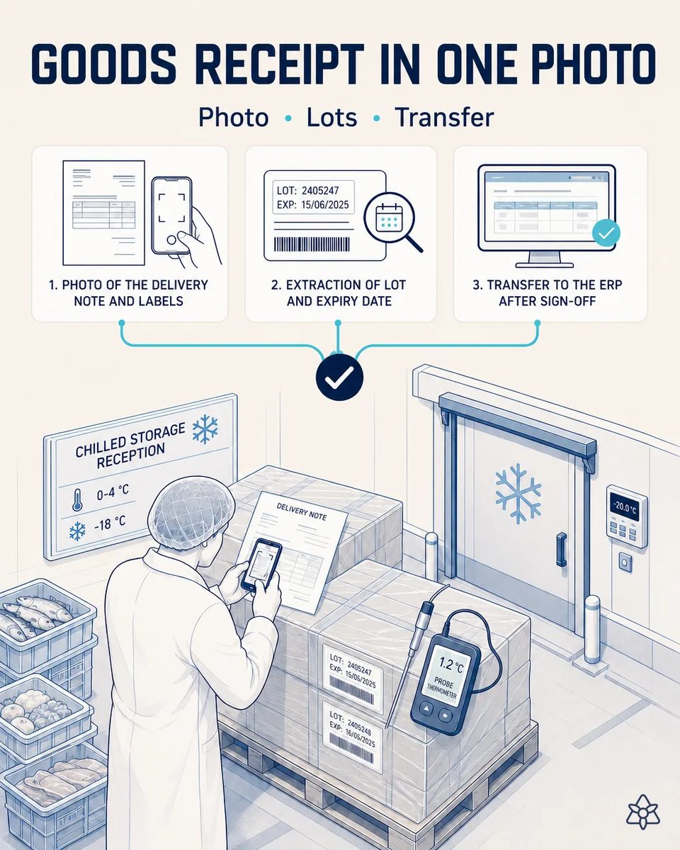 Receiving operator in a hairnet photographing a delivery note with a phone next to a shrink-wrapped pallet with lot and expiry labels and a probe thermometer, with crates of fish and seafood and the cold store door behind