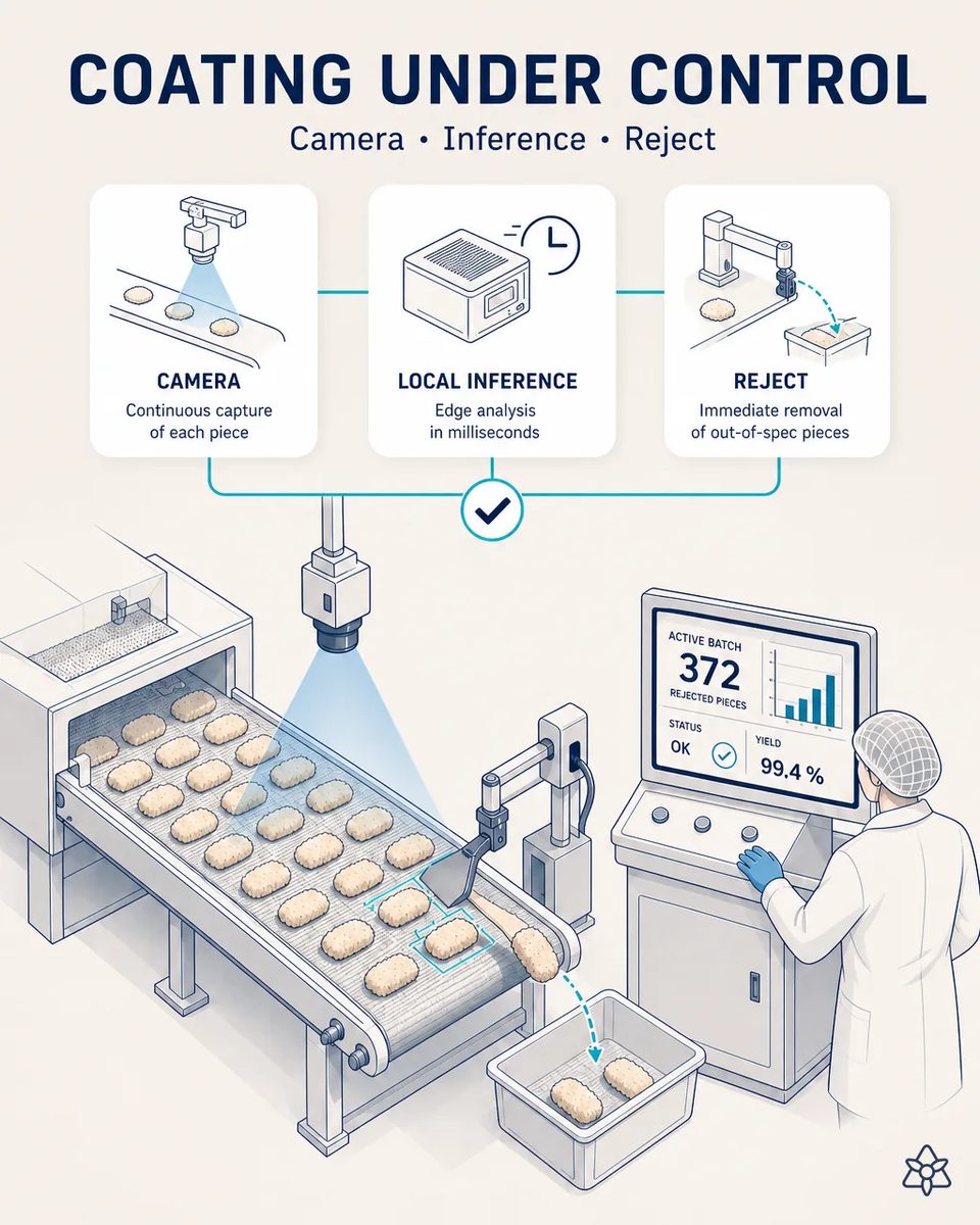 Overhead vision camera above breaded pieces on the breading outfeed belt with a rejector arm diverting a defective piece into a tray, and an operator at a monitor showing the active batch, rejected pieces and line yield