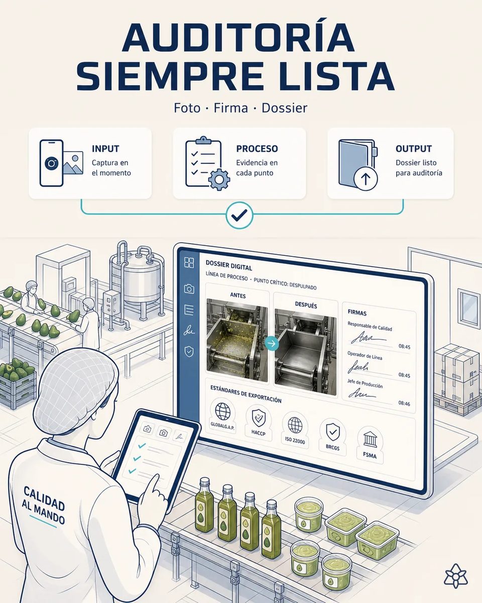 Responsable de calidad con tableta frente a un dossier digital del punto crítico de despulpado, con fotos antes y después de la limpieza, firmas con hora y sellos de estándares de exportación
