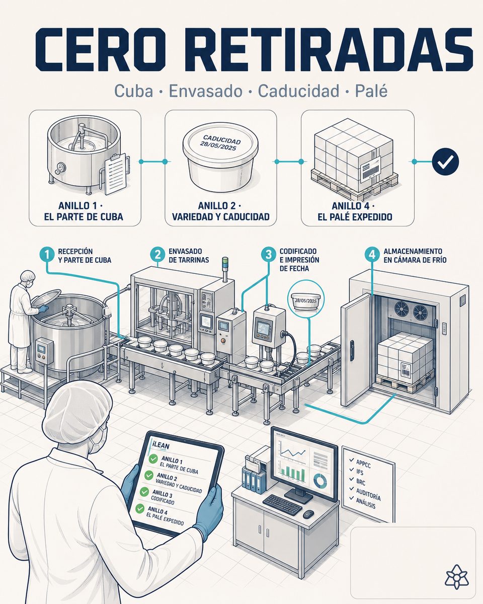Sala de control de una quesería de queso fresco con los cuatro anillos de verificación iLEAN cruzados —origen, firma, línea y evidencia— sobre el flujo completo del parte de cuba al palé expedido