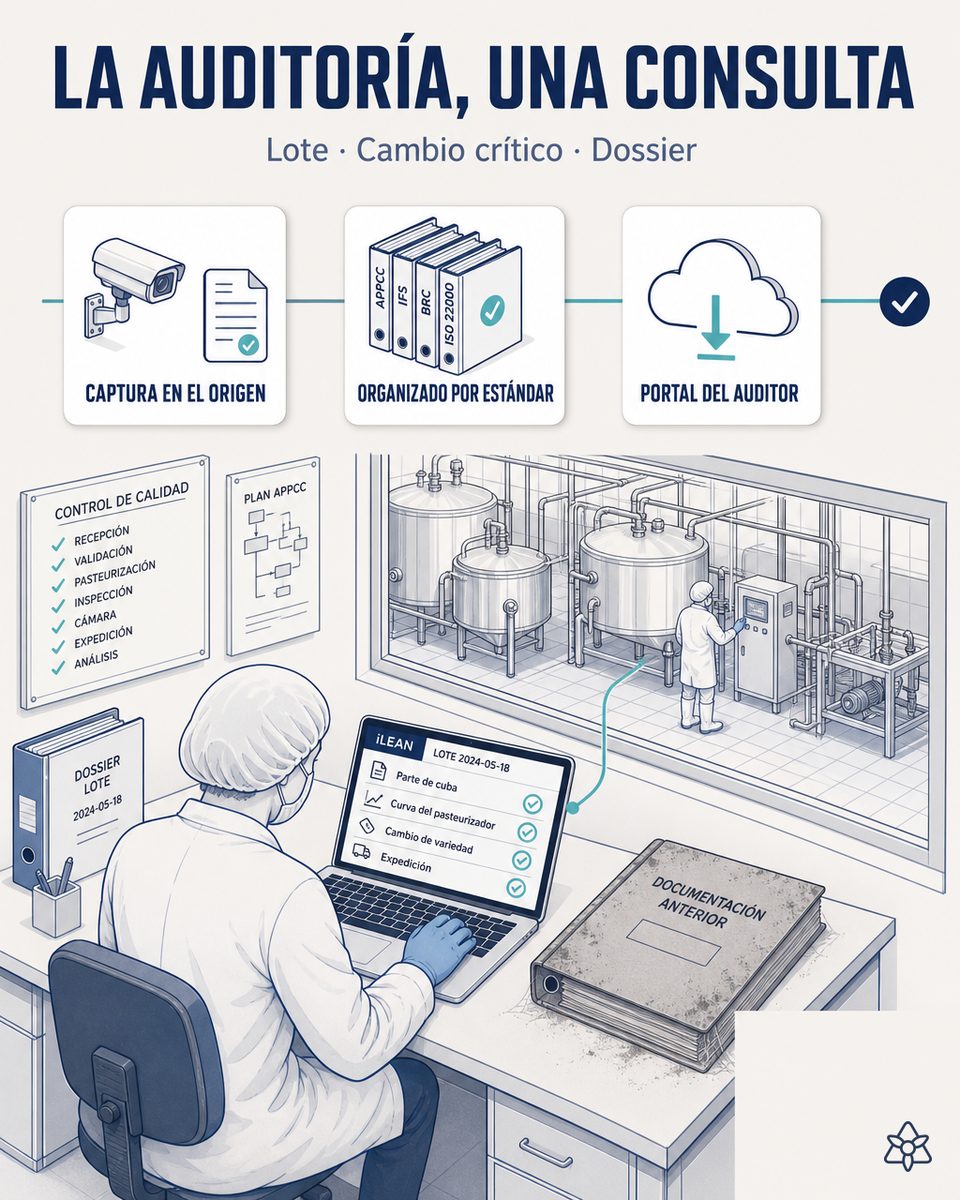 Responsable de calidad de una quesería descargando desde el portal el evidence pack de un lote generado por iLEAN Agents con parte de cuba, curva térmica, analíticas y firmas organizados por estándar certificador