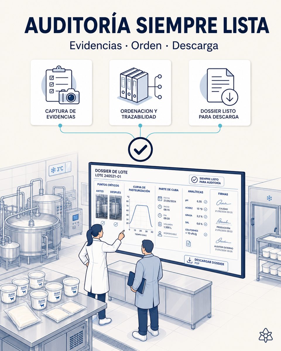 Responsable de calidad de una quesería descargando desde el portal el evidence pack de un lote generado por iLEAN Agents con parte de cuba, curva térmica, analíticas y firmas organizados por estándar certificador