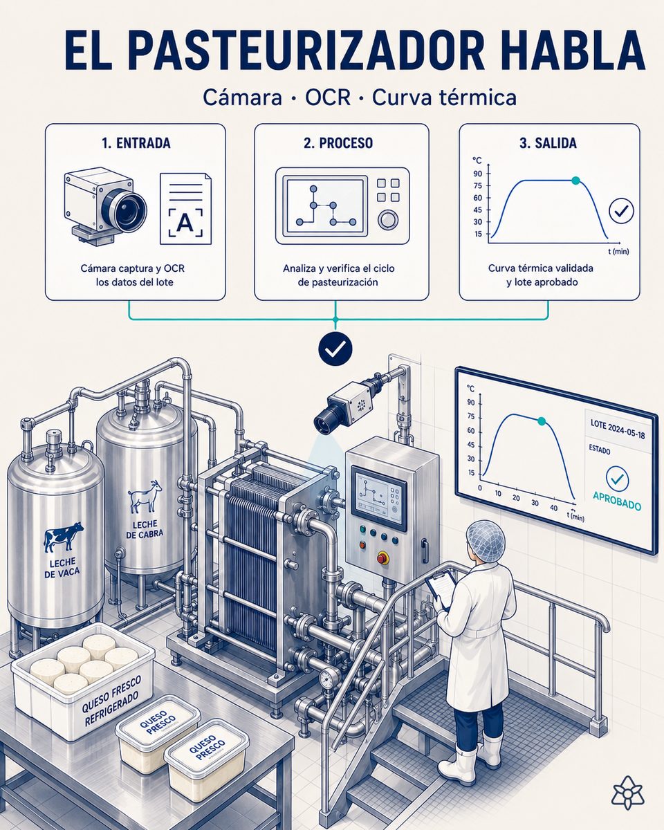 Cámara industrial iLEAN Connect apta para zona húmeda montada frente al panel del pasteurizador HTST de una quesería, leyendo temperatura de salida, caudal y eventos de desvío de flujo de cada lote sin conectarse al equipo