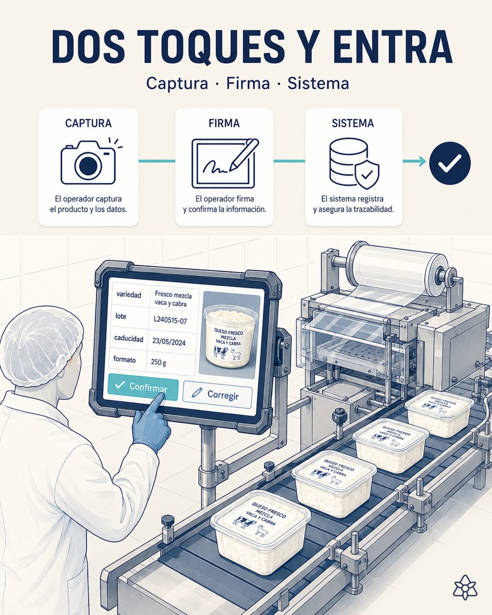 Operario del puesto de envasado de una quesería validando en dos toques sobre la tableta industrial estanca la variedad, el lote, la caducidad y el formato antes de que el dato cruce al sistema central