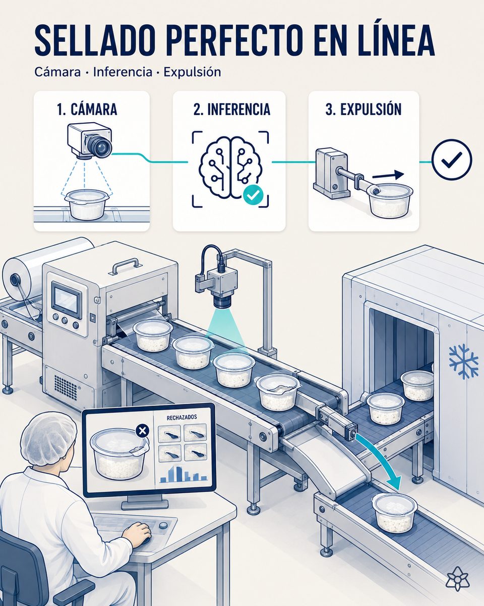 Cámara industrial iLEAN Edge con iluminación controlada sobre la salida de la termoselladora de una línea de queso fresco, detectando suero y film arrugado en la pestaña de sellado antes de la cámara de frío