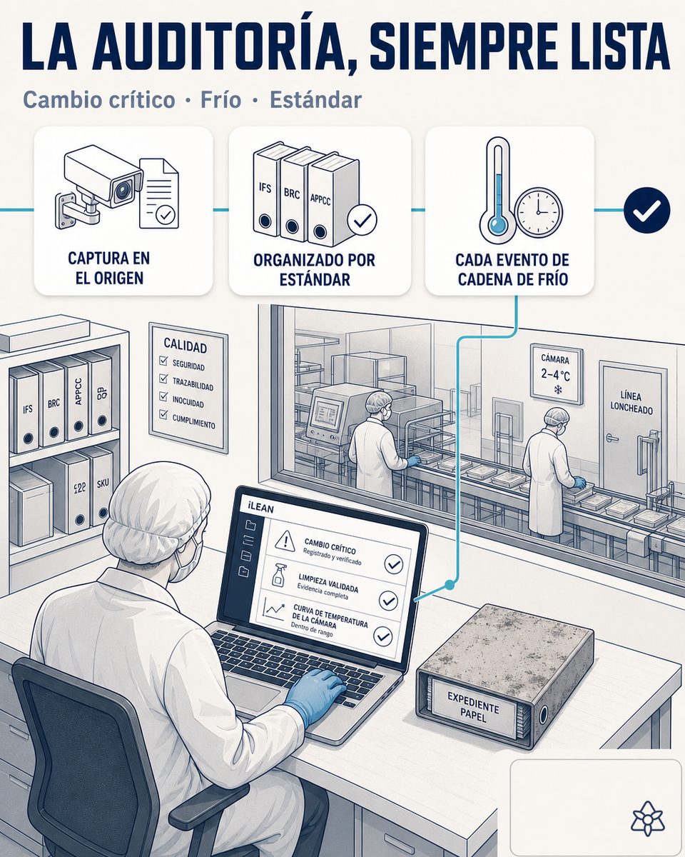 Responsable de calidad de una planta de transformación láctea consultando en un portátil el portal de auditoría con el evidence pack organizado por estándar