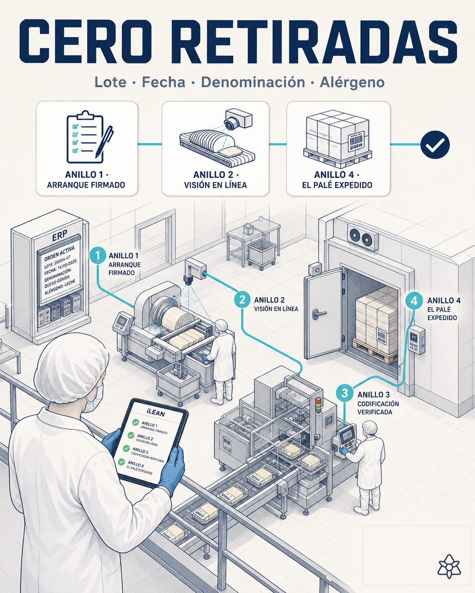 Planta de transformación láctea con cuatro puntos de verificación coordinados — ERP, codificadora y loncheadora, cámara Edge sobre la línea y palet con dossier de evidence pack — sistema agéntico iLEAN de 4 anillos para cero retiradas