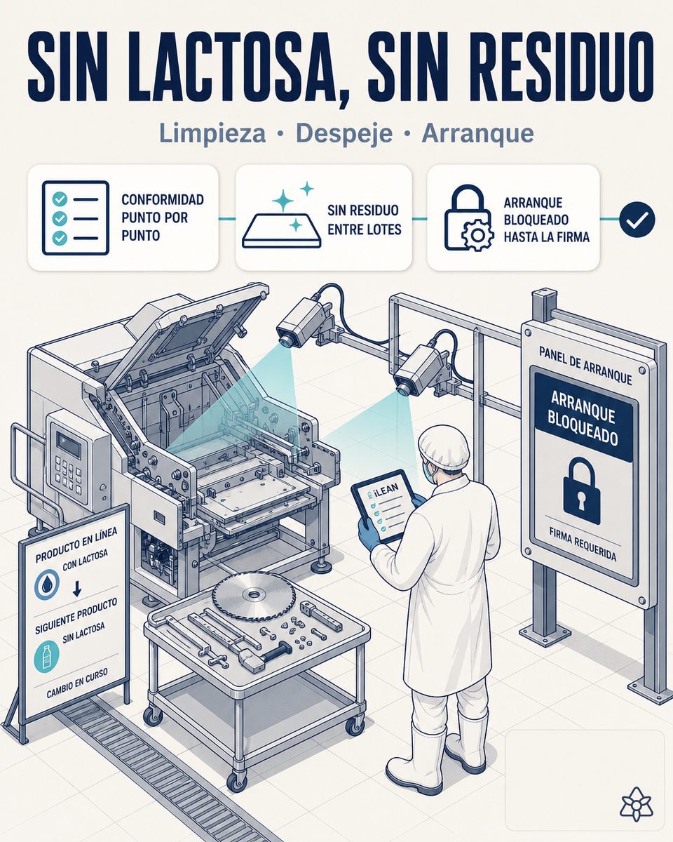 Cámara Edge verificando el cambio crítico en una línea de queso transformado — de limpieza con lactosa a sin lactosa, con JIDOKA AI reteniendo el arranque hasta el OK de calidad