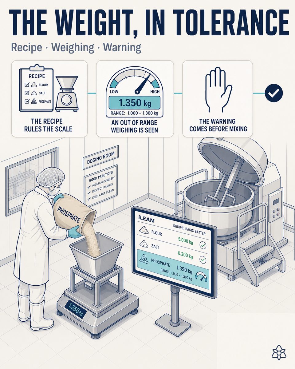Operator dosing ingredients on a scale in a food plant while iLEAN cross-checks the weighing with the work order's active recipe — AI recipe and dosing control