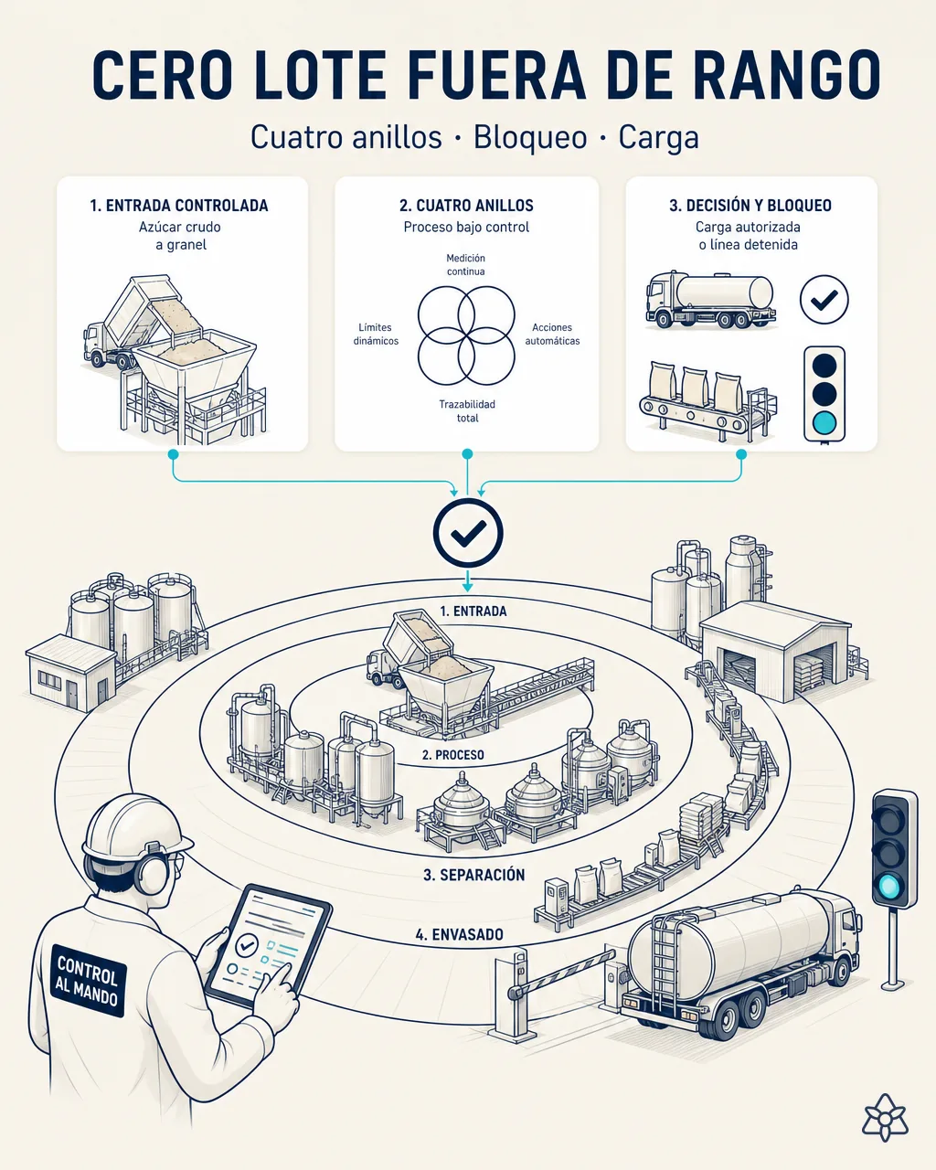 Cuatro anillos de verificación coordinados, del certificado del crudo al precinto del camión: si uno no cierra, el producto no sale de planta.