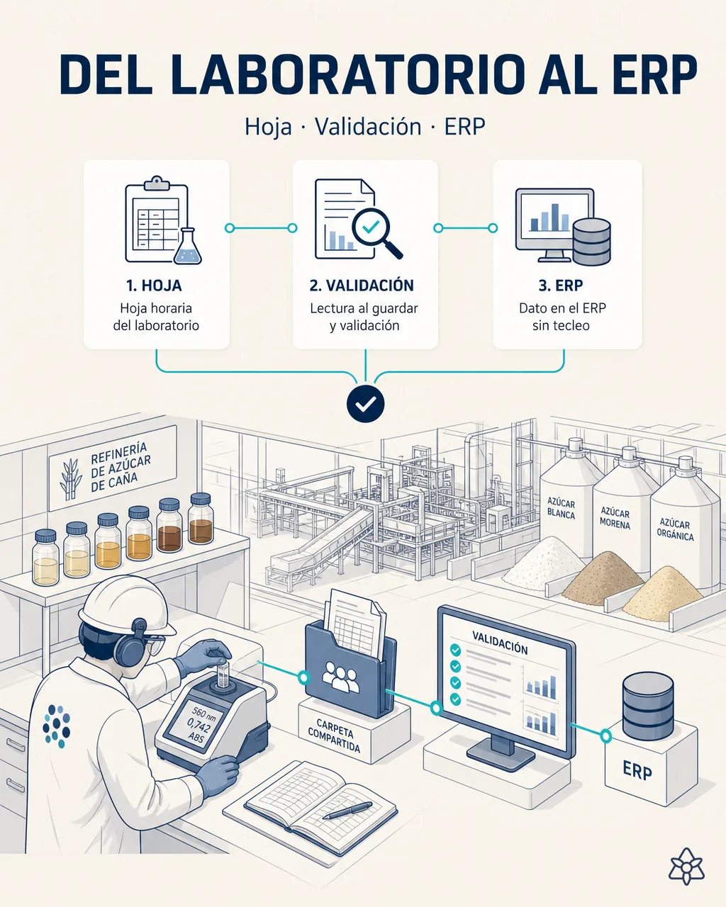 iLEAN lee la hoja horaria del laboratorio al guardarse y, tras validación, la vuelca al ERP. Hasta un 80% menos de licencias del módulo calidad.