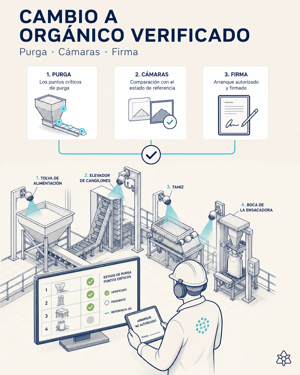 Cámaras Edge verifican la purga en cada punto crítico y la línea no arranca hasta que todas dan OK y calidad firma sobre la evidencia.