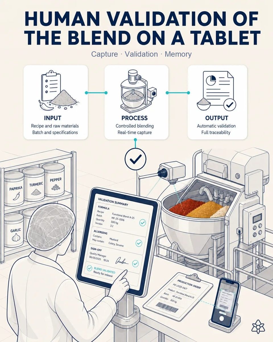 Quality manager confirming on a line-side industrial tablet the validation summary with formula, batch, quantity and declared allergens, beside the loaded mixer and a shelf of paprika, turmeric and pepper drums