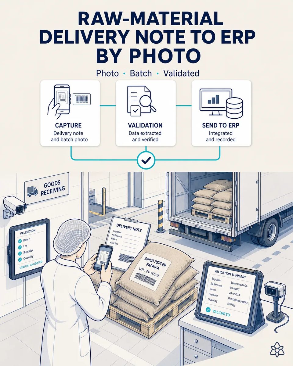 Receiving manager photographing the delivery note and the dried pepper sack labels on a pallet at the dock, with the truck open behind and a tablet showing supplier, lot, product and quantity validated