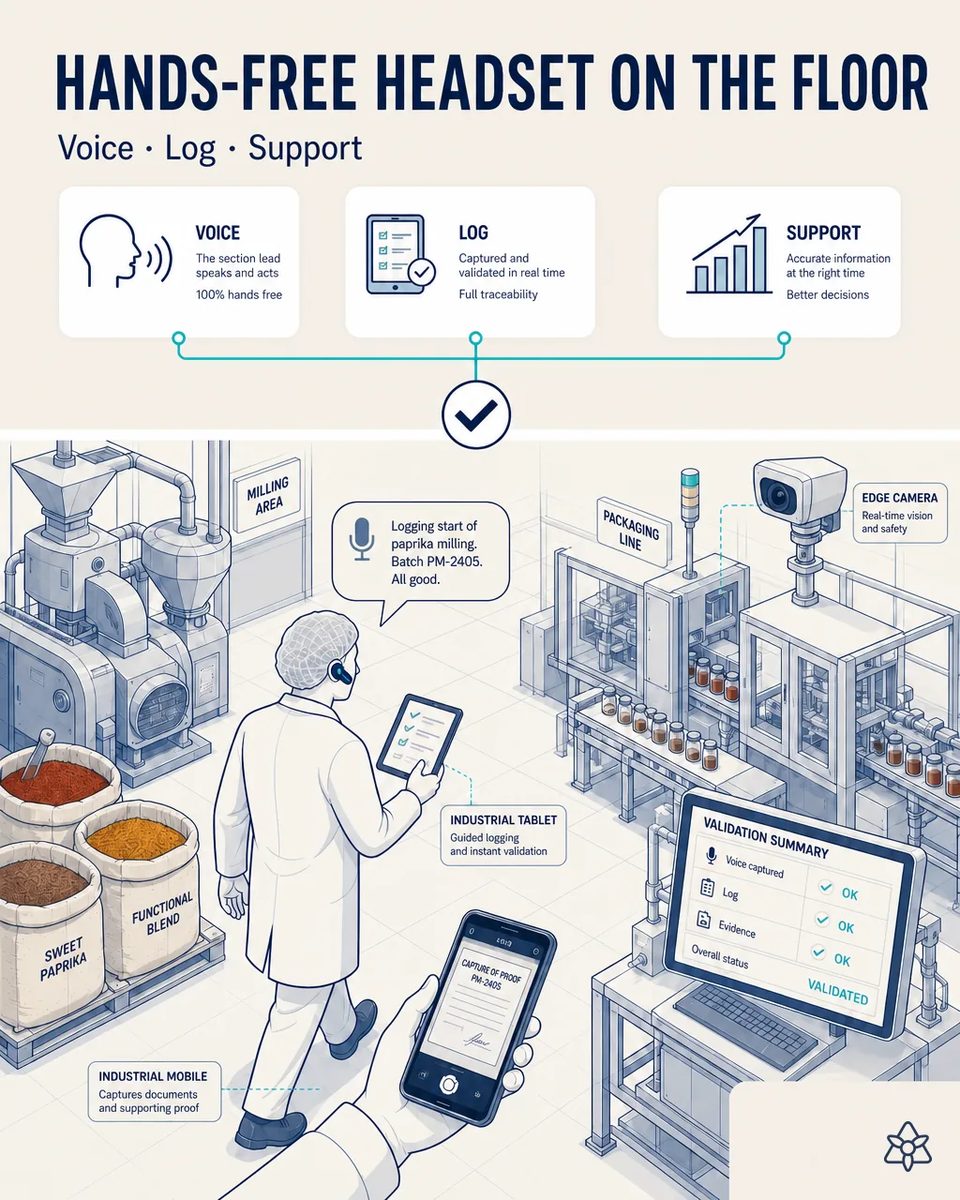 Section lead with a Bluetooth headset dictating a note while walking between the hammer mill and the packaging line, with sacks of sweet paprika and functional blend and a tablet showing the captured log