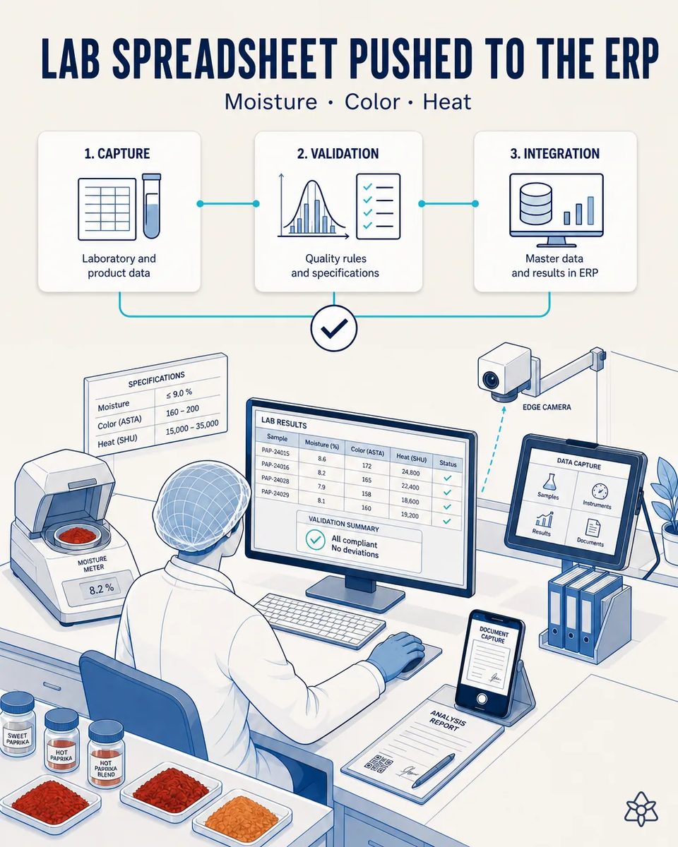 Lab technician at a workstation with the moisture meter reading 8.2 percent and a screen of batch results by moisture, ASTA color and Scoville heat, with trays of sweet paprika, hot paprika and blend samples