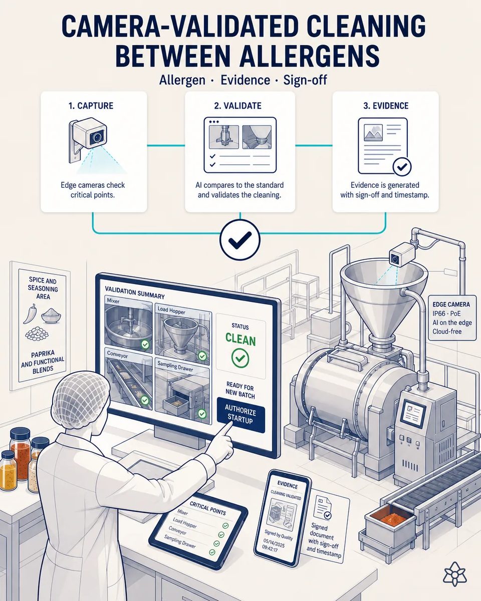 Quality manager authorizing startup on a screen showing four camera views of mixer, load hopper, conveyor and sampling drawer all marked clean, with the mixer and an Edge camera over the hopper behind