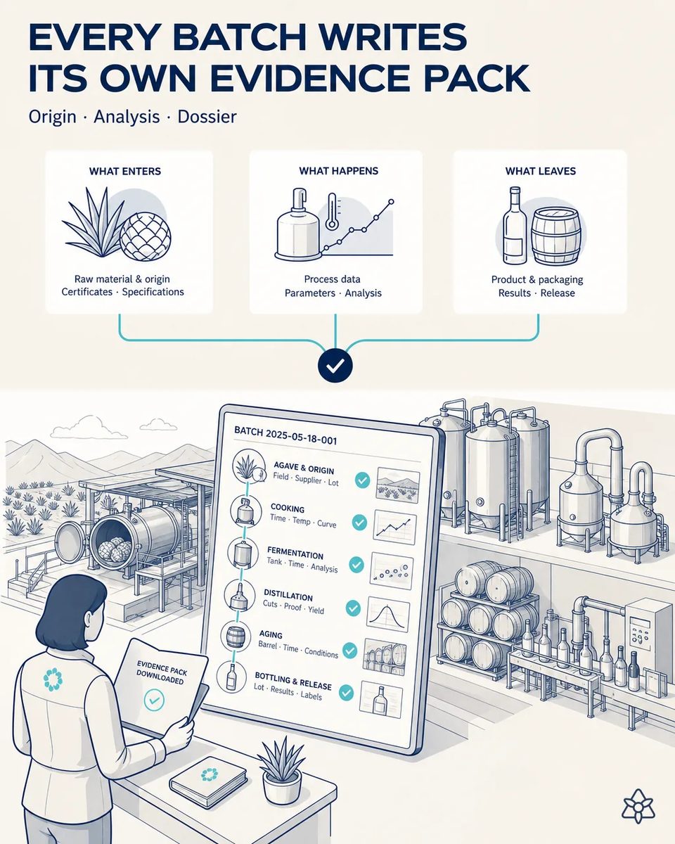 Quality manager holding a downloaded evidence pack in front of a large screen listing the batch sections — agave and origin, cooking, fermentation, distillation, aging, bottling and release — with checkmarks