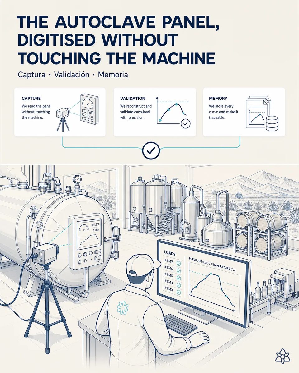 Fixed industrial camera on a tripod pointed at the autoclave panel reading temperature and pressure, with a technician reviewing the per-load cooking curve on a monitor and stills behind