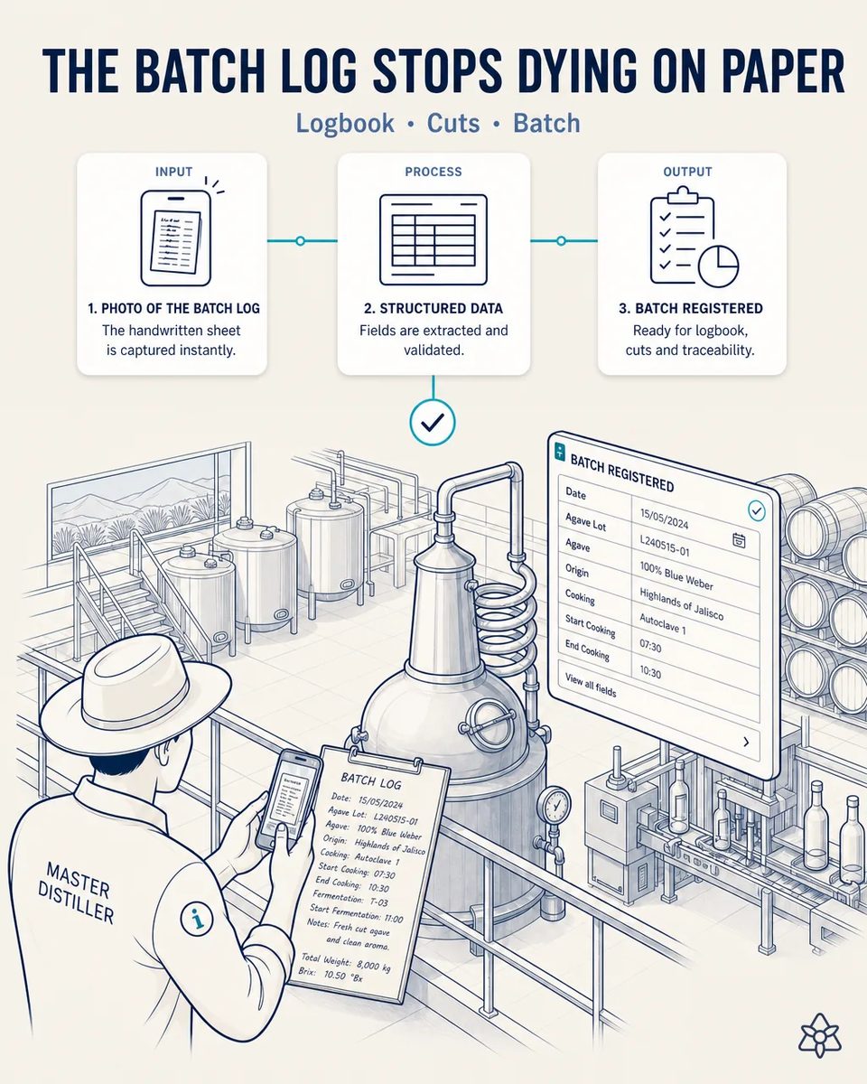 Master distiller in a wide-brim hat photographing a handwritten batch log with a phone beside a copper still, with fermentation tanks, barrels and the registered batch fields on screen