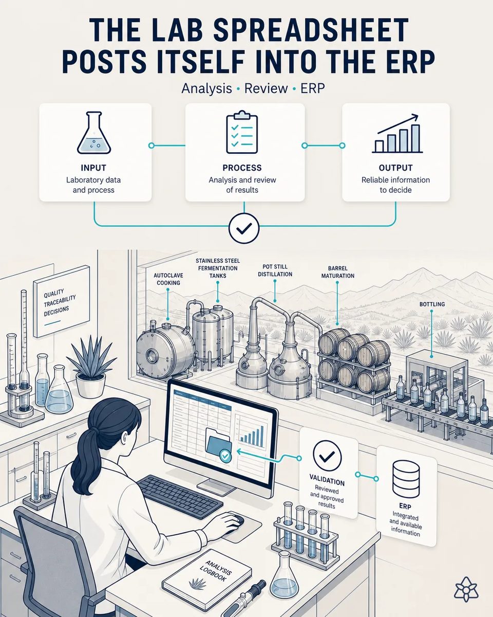 Lab analyst at a computer with the batch analysis spreadsheet, validation and ERP cards on screen, test tubes and a hydrometer on the bench, and the autoclave, tanks, stills and barrels through the window