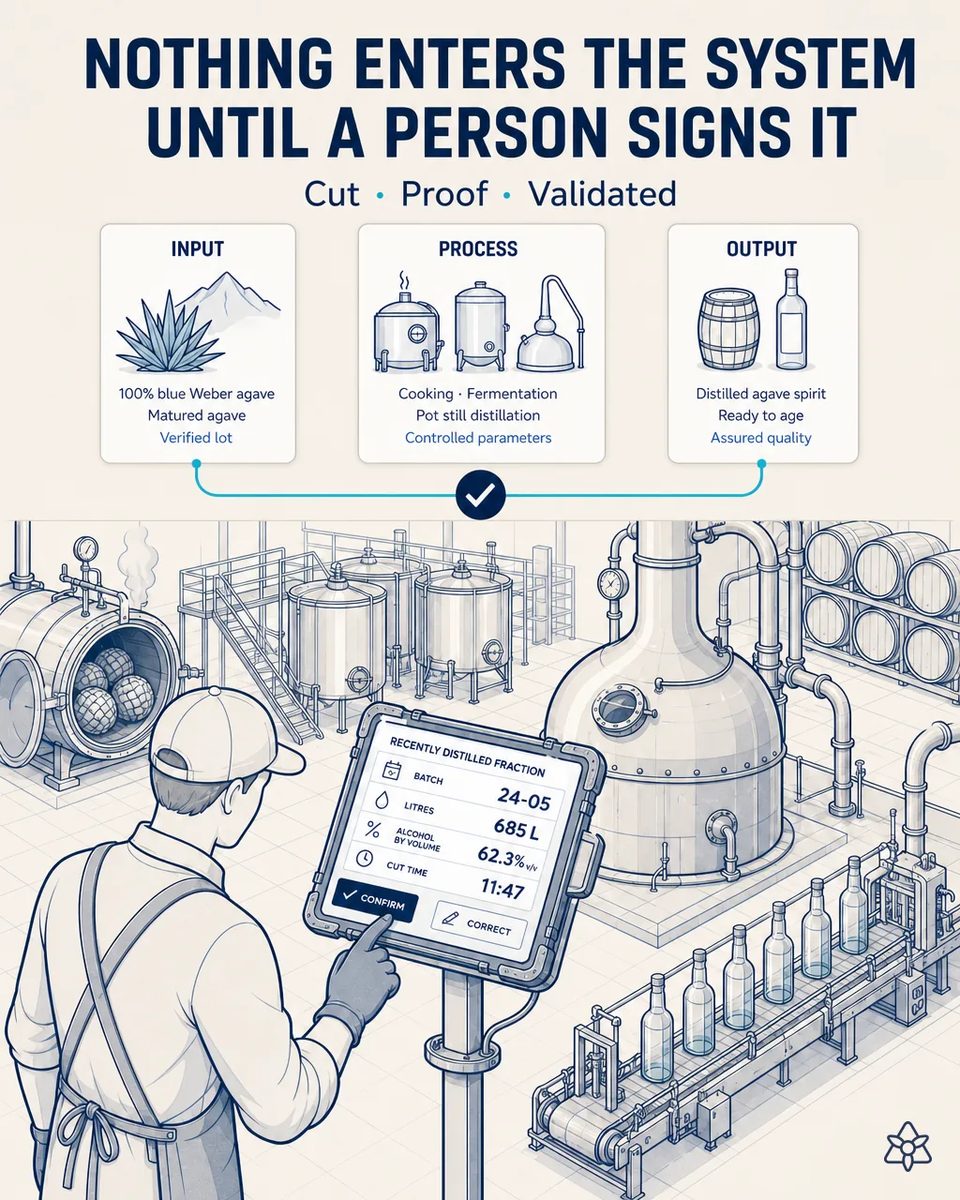 Operator in cap and apron tapping confirm on an industrial tablet mounted at the copper still, with the batch, liters, alcohol by volume and cut time on screen and the autoclave behind