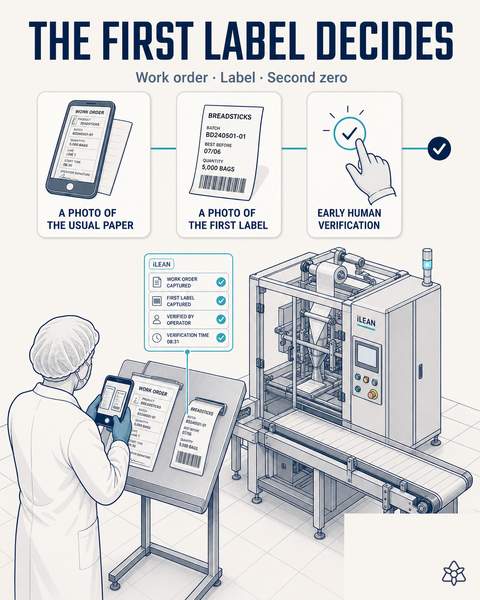 Photo of the production order and the first label at batch startup