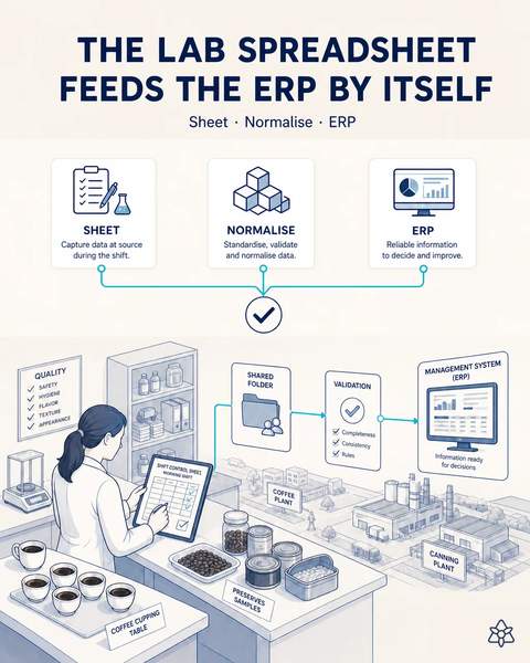 The lab spreadsheet feeds the ERP