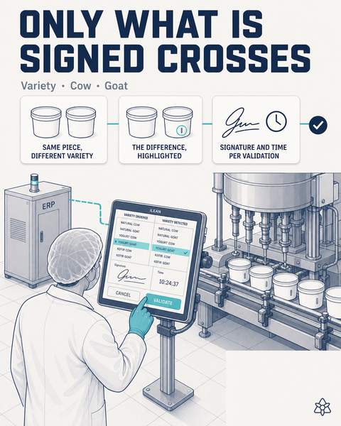 Operator validating variety, batch and expiry on the tablet at the packing machine