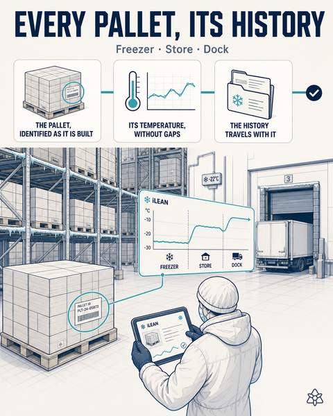 Frozen food pallets with cold chain traceability recorded pallet by pallet