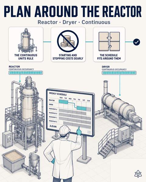Planning the reactor and the dryer of an ingredients plant in continuous operation