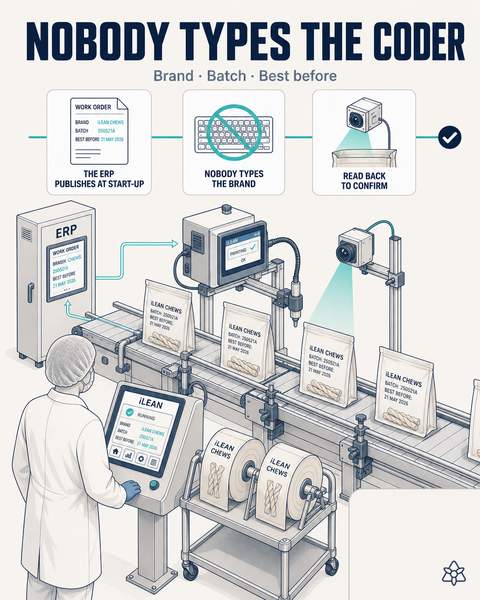 Coder printing batch, dates and the right brand's artwork from the active order