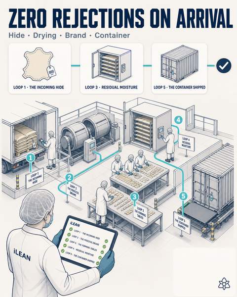 Five coordinated verification rings from hide receiving to container sealing