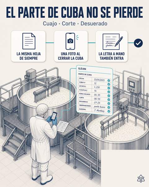 Maestro quesero fotografiando el parte de cuba manuscrito al abrir la cuba