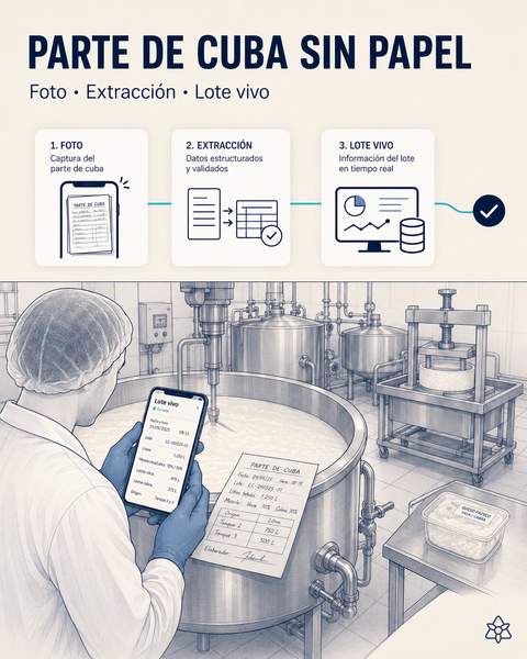 Maestro quesero fotografiando el parte de cuba manuscrito al abrir la cuba