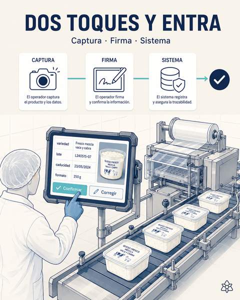 Operario validando variedad, lote y caducidad en la tableta de envasado