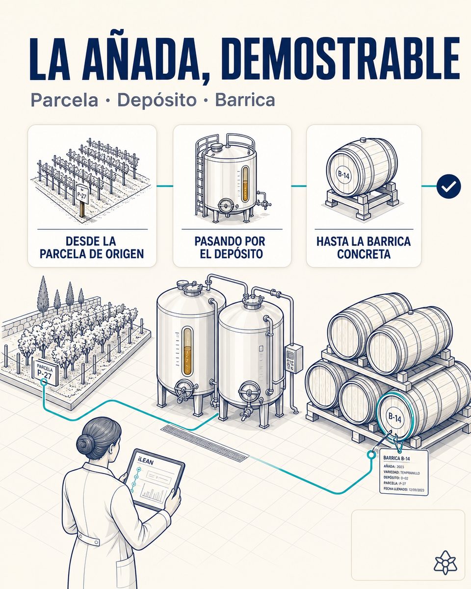 Sala de barricas con responsable de bodega + tablet iLEAN sobre barrica numerada — trazabilidad de añada de vino con IA