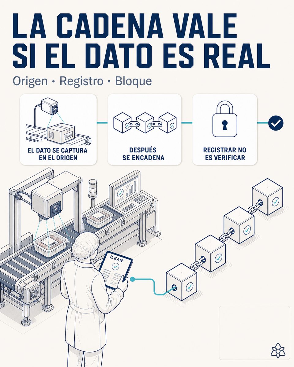 Sala de despiece con responsable de calidad escaneando lote y terminal iLEAN registrando trazabilidad para DLT externa — blockchain alimentación