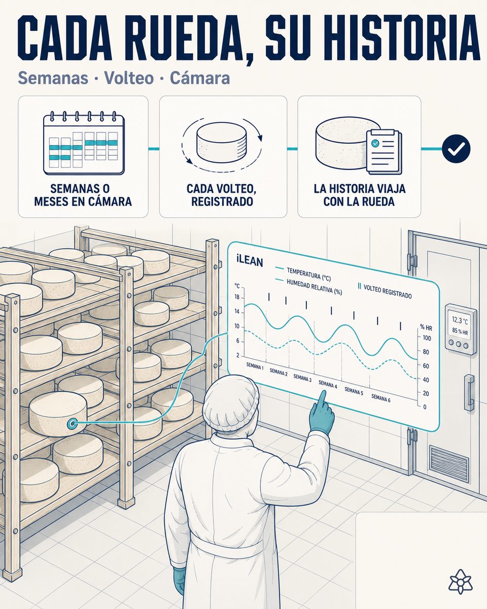 Cámara de curación de queso con sensores iLEAN Edge en estanterías y responsable de producción revisando el dossier por lote — trazabilidad continua de curación