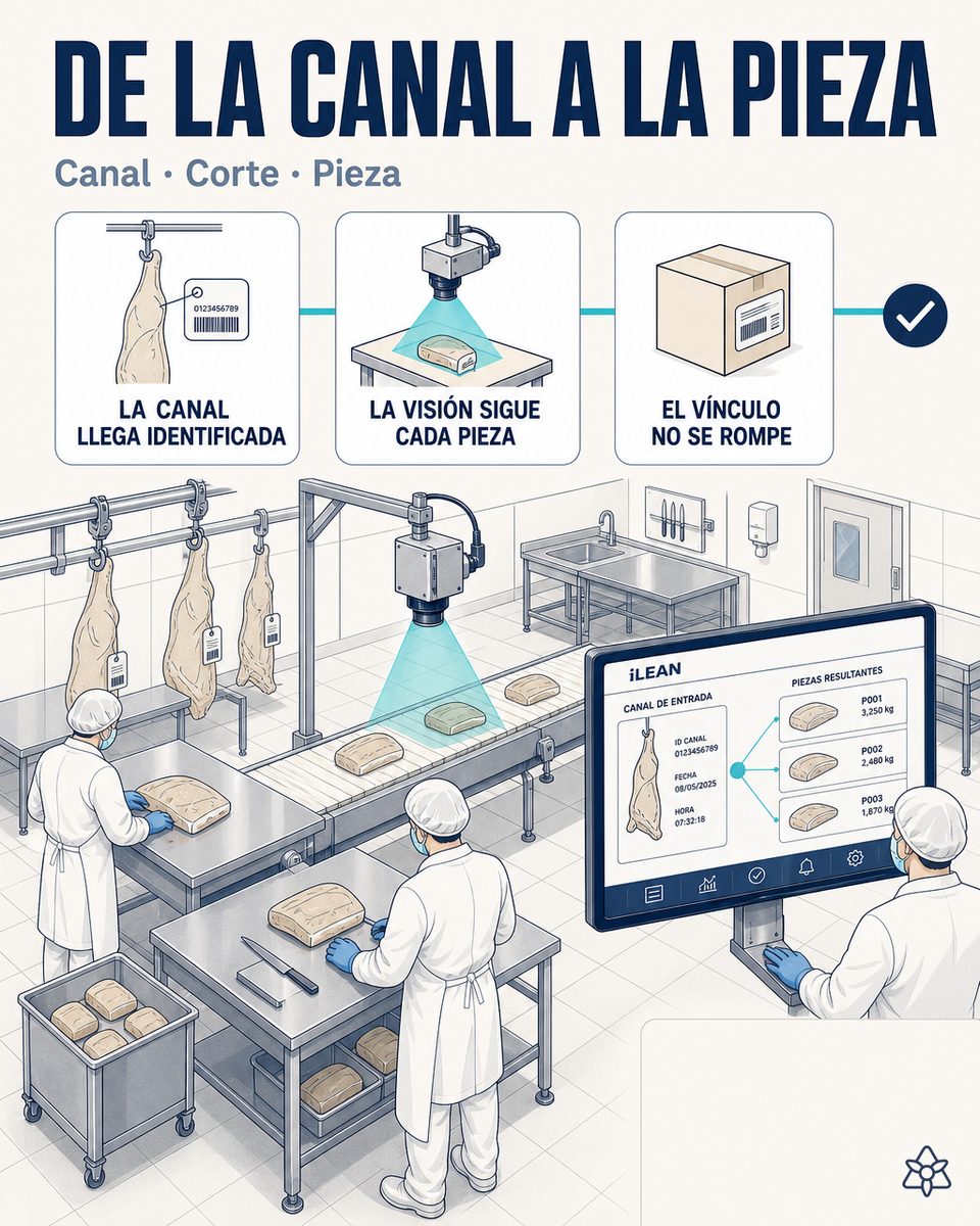 Sala de despiece porcino con cámara Edge sobre la cinta clasificando piezas y báscula etiquetadora integrada — visión IA para trazabilidad canal a pieza