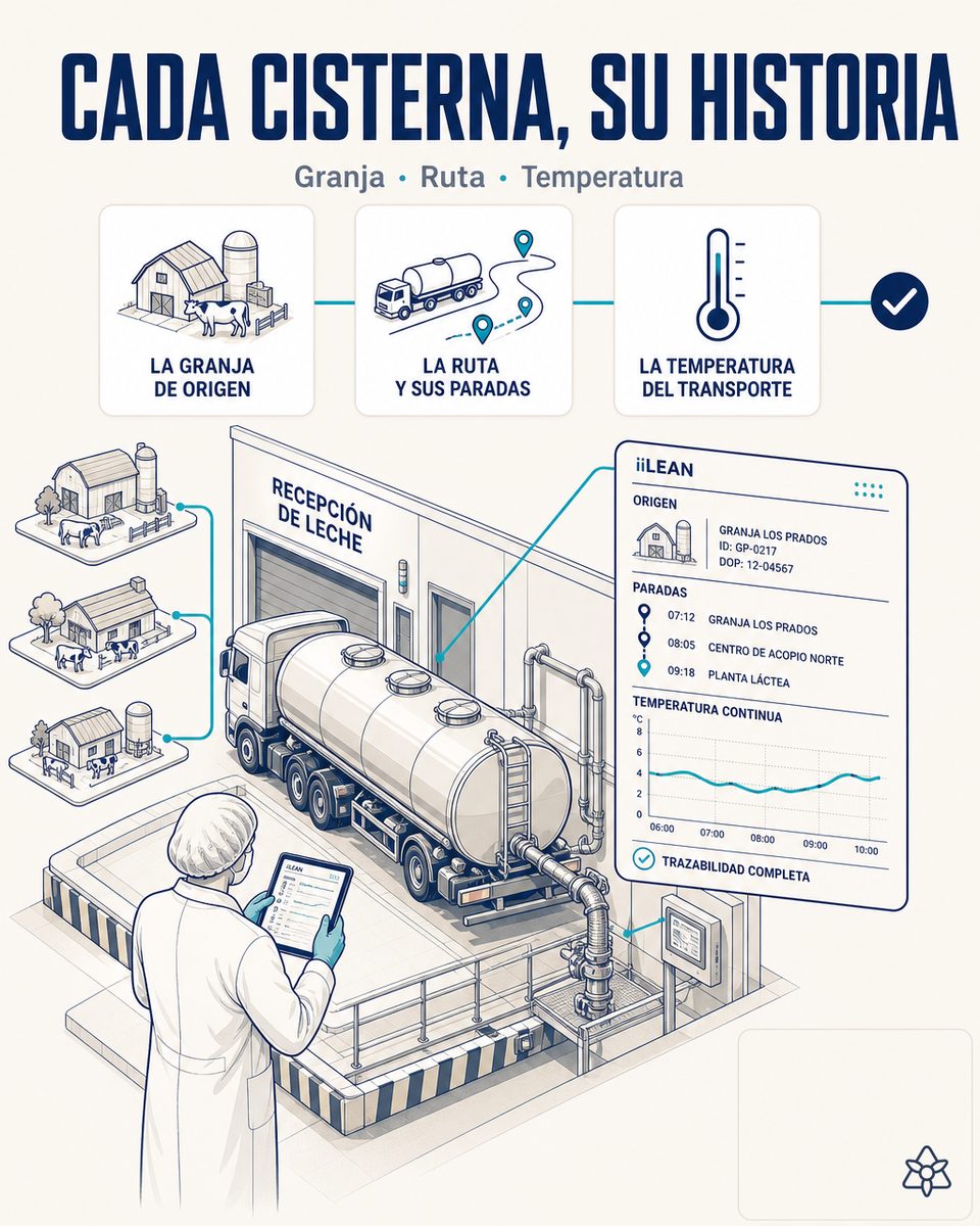 Cisterna de leche cruda en muelle de recepción con técnico tomando muestra, panel iLEAN cruzando ruta granja y análisis de entrada — trazabilidad de leche cruda