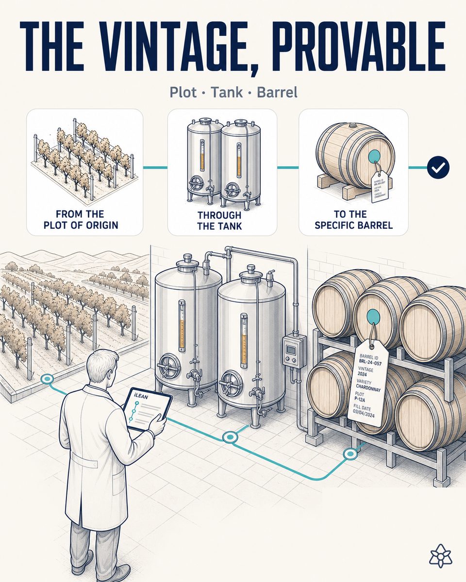 Barrel room with the cellar master and an iLEAN tablet over a numbered barrel — wine vintage traceability with AI