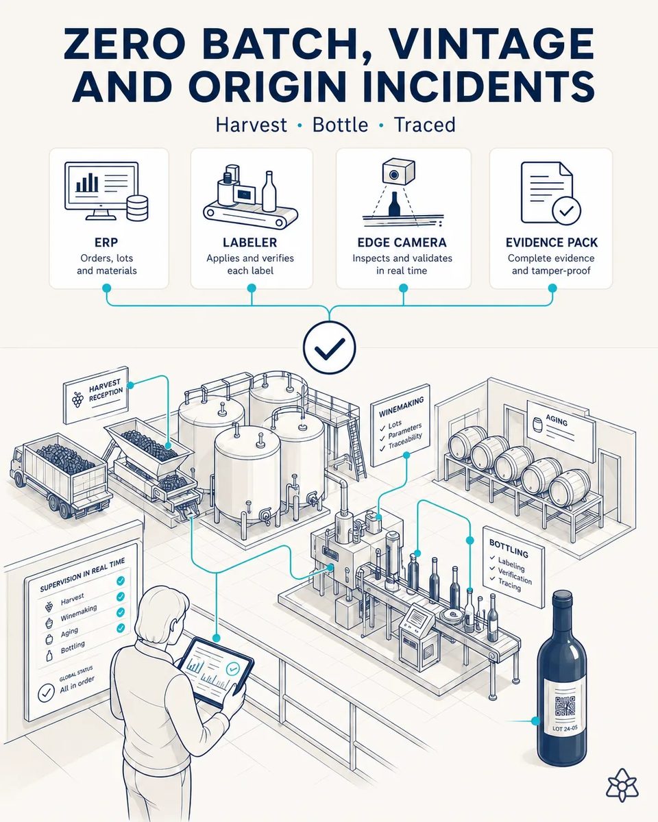 Winery overview from grape reception and fermentation tanks to barrel aging and the bottling line, with a manager checking real-time supervision on a tablet and a labeled bottle