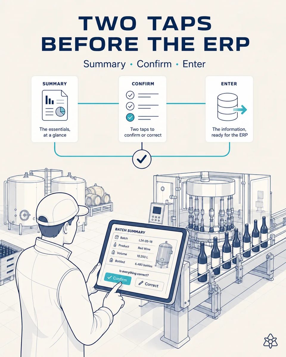 Bottling line supervisor tapping Confirm on an industrial tablet showing a batch summary with volume and bottles filled, beside a rotary filler and bottles on the conveyor