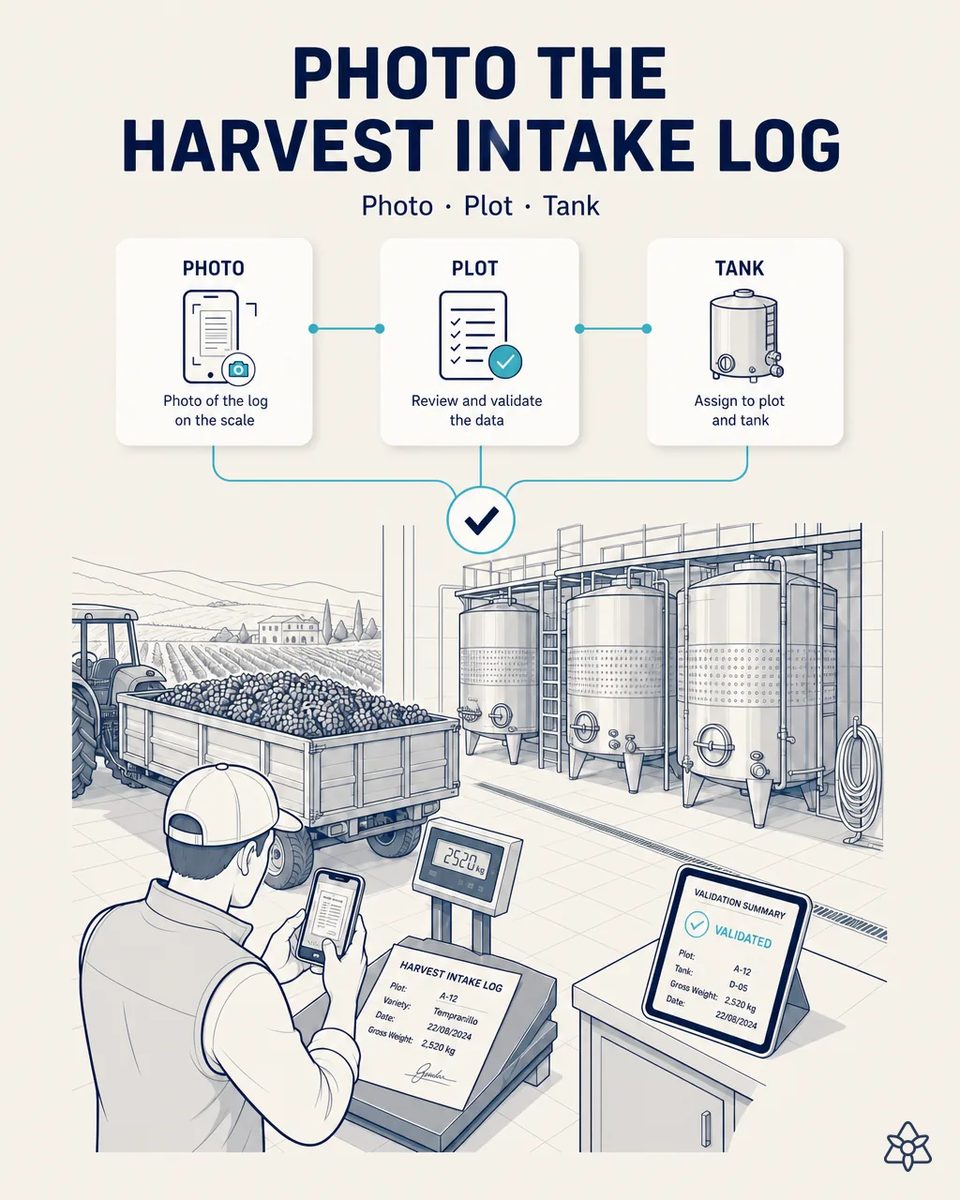 Cellar worker photographing the handwritten harvest intake log with a phone at the weighbridge, a tractor trailer full of grapes behind and stainless steel fermentation tanks alongside